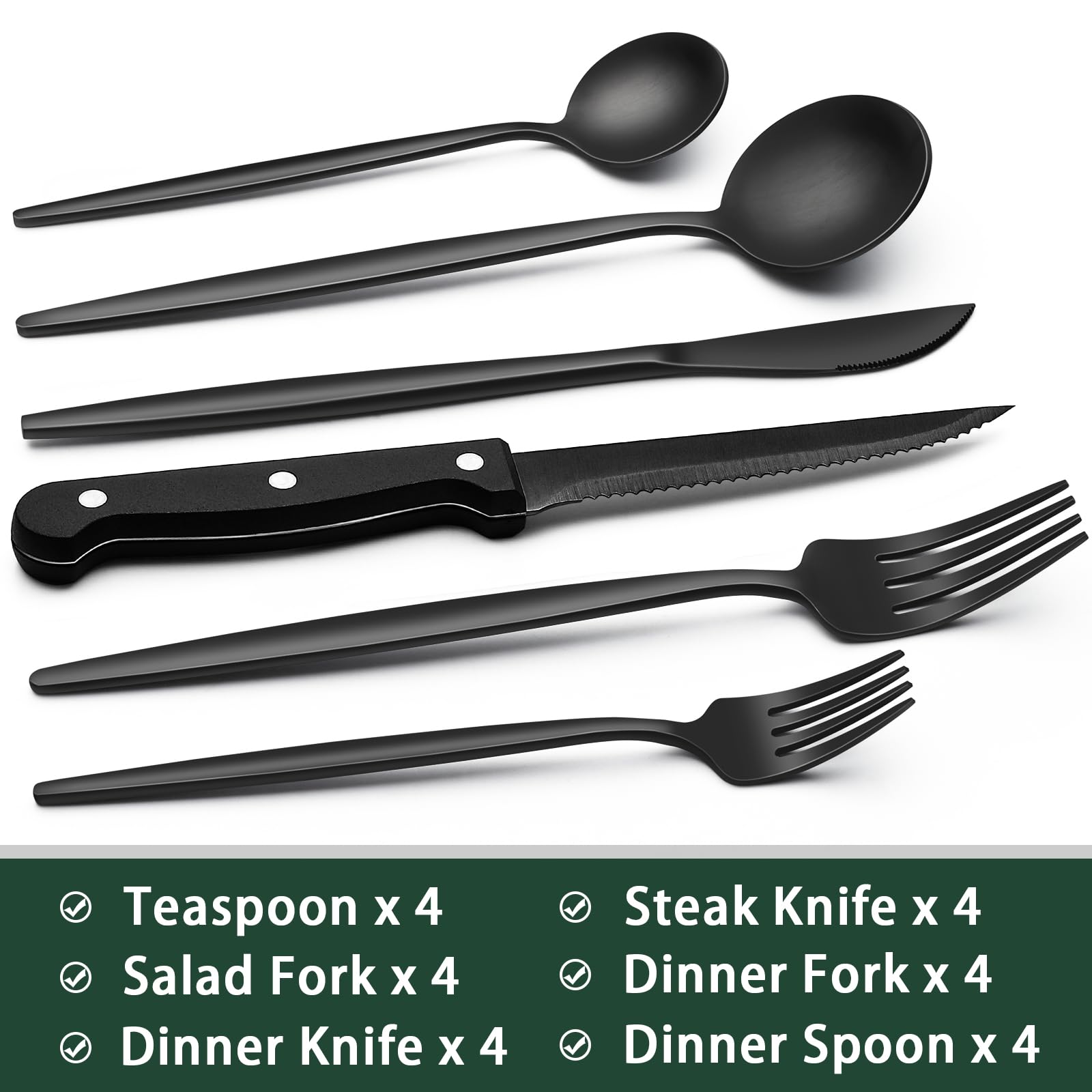 EWFEN 24-Piece Black Silverware Set with Steak Knives, Black Flatware Set for 4, Food-Grade Stainless Steel Tableware Cutlery Set, Mirror Finished Utensil Sets for Home Restaurant, Long Edge