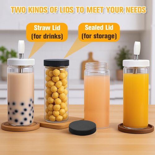 Sursip Glass Juice Bottles 16 oz with Lids & Straws, 12 Pack – Leak-Proof Wide Mouth Mason Jars for Juicing, Smoothies, Boba & Tea – Reusable & BPA-Free, Dishwasher Safe Kitchen Storage Containers