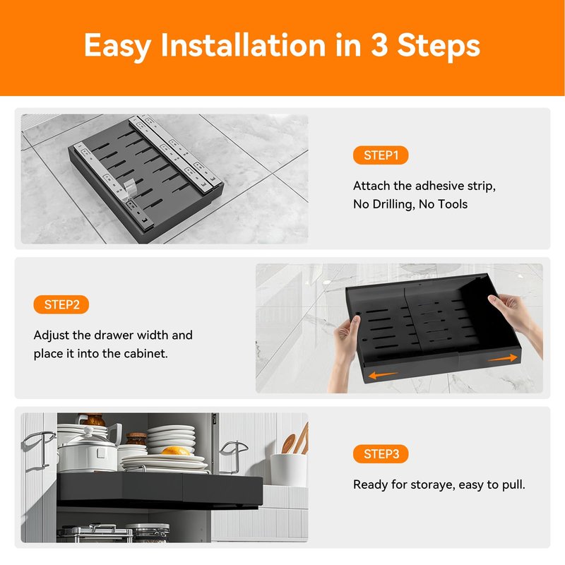 2 Pack 21'' Deep Pull Out Cabinet Organizer Expandable Width (12.6'' to 21'') Slide Out Drawers Pull Out Drawers Fixed with Adhesive Nano Film or Nail for Kitchen Bathroom Organization, Black