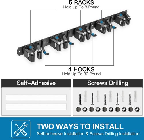 IMILLET Wall-Mounted Broom and Mop Holder - Heavy-Duty Stainless Steel Organizer with 5 Racks & 4 Hooks