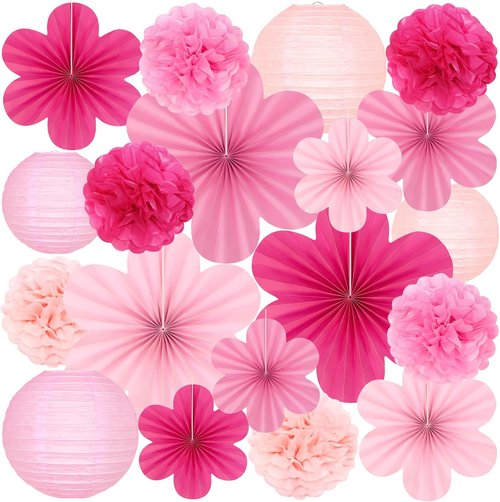 19 Pcs Pink Party Decorations - Light Hot Pink Lanterns, Paper Flowers & Tissue Pom Poms for Events