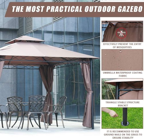 FDW Outdoor Patio Gazebo - Heavy Duty Steel Frame Canopy with Double Roof & Privacy Curtains | 10'x13' (Brown)