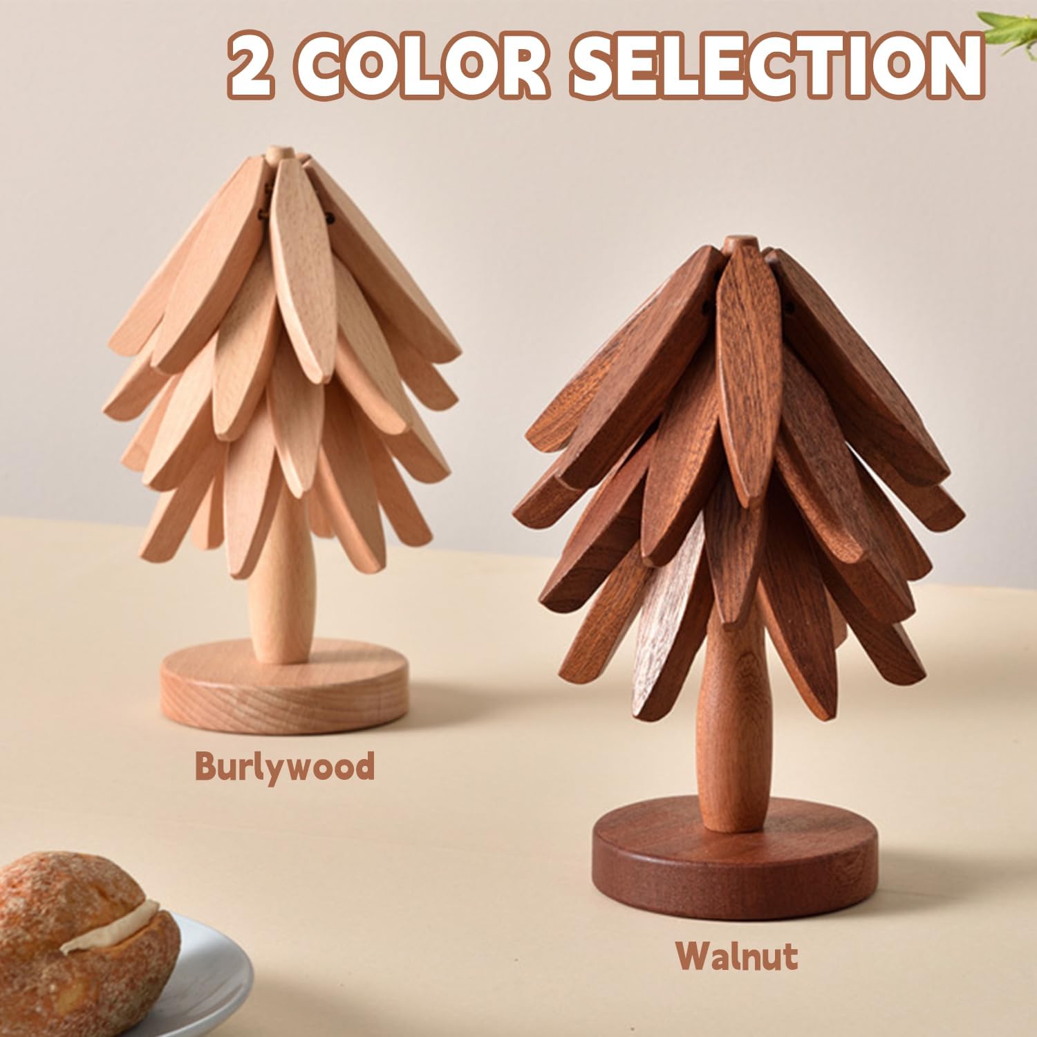 Skiennix Wooden Trivets - Tree Shape Set with 4 Walnut Wood Pieces & Stand | Foldable Hot Dish Holder