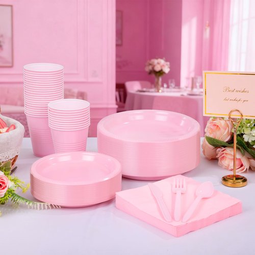 WELLIFE 210 PCS Pink Plastic Plates for 30 Guests - Disposable Dinnerware Set Including Dinner Plates, Dessert Plates, 12oz Cups, Cutlery & Napkins, Pink Party Plates