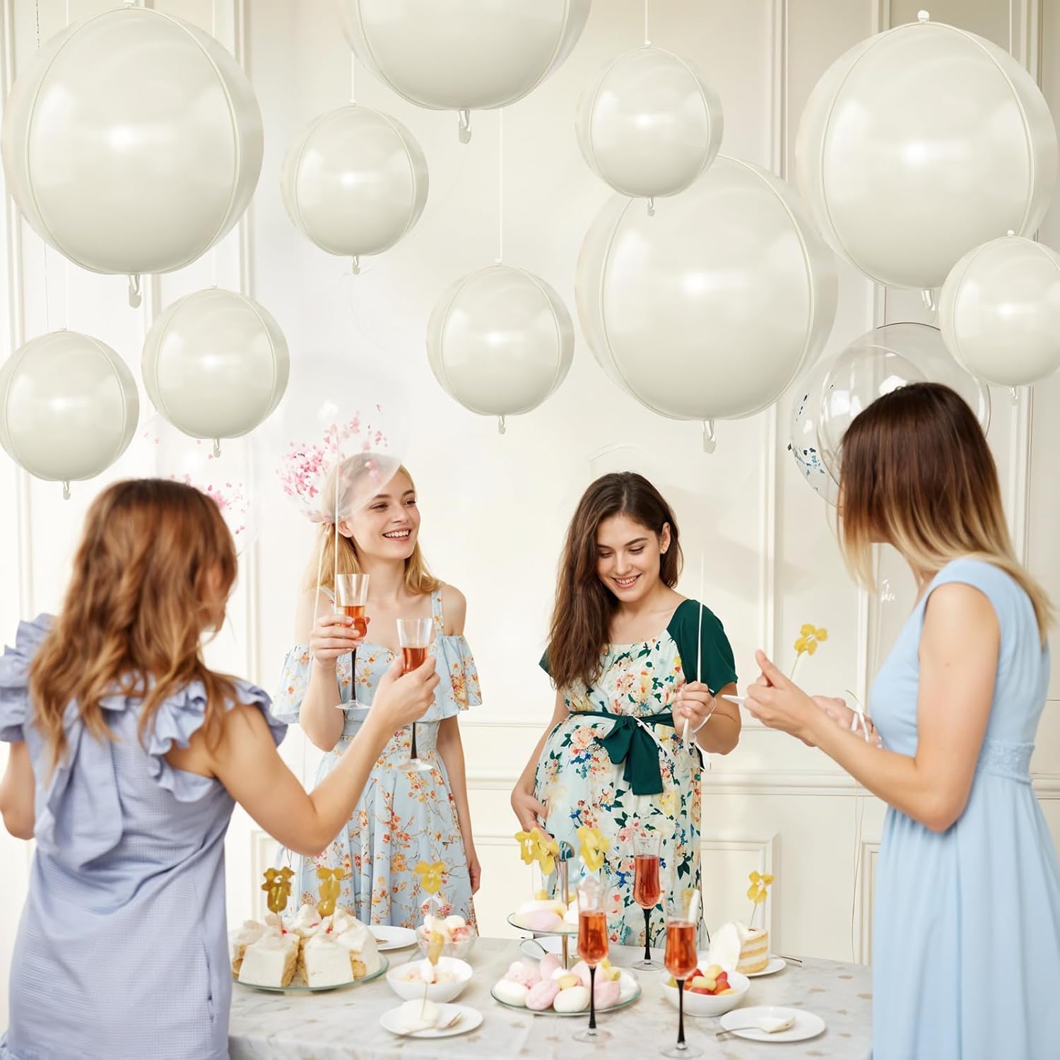 Skiennix 12Pcs Round Foil Balloons - Cream White & Beige Mylar for Birthday & Wedding Decor | 22" & 10" Sizes