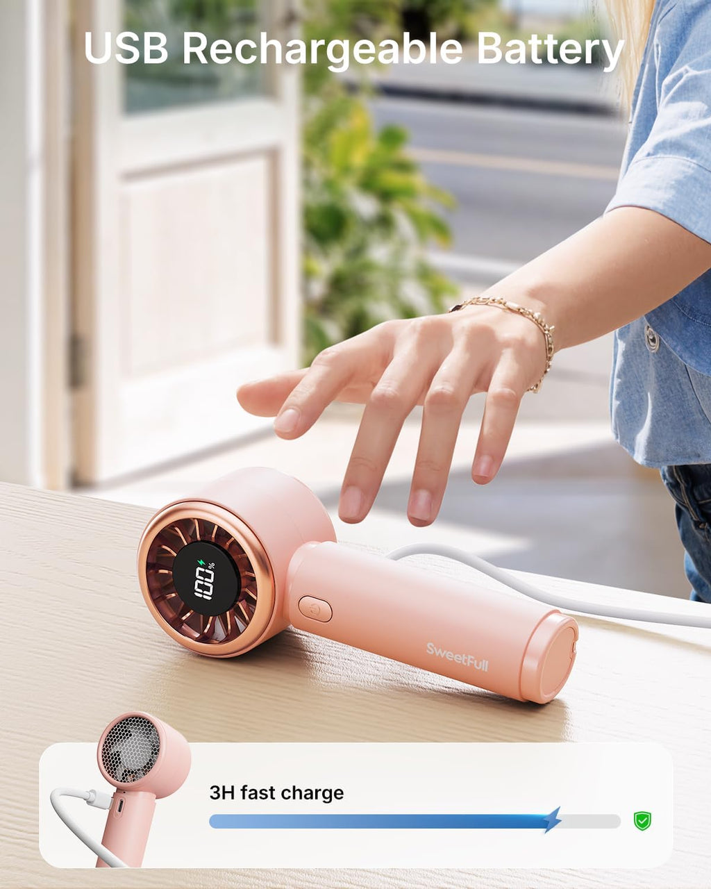 Sweetfull Mini Fan - Portable Handheld Turbo Fan with Rechargeable Battery, 5 Speeds | Pink Travel Essential