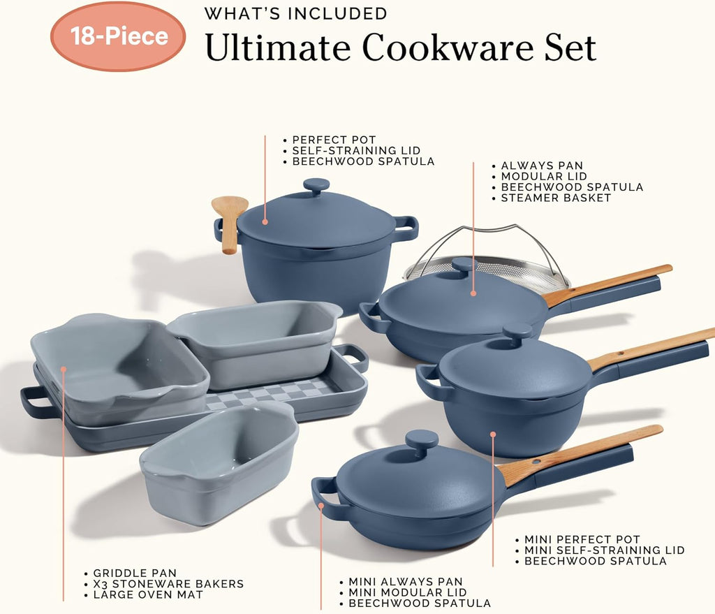 Our Place Ultimate Cookware Set - 18-Piece Nonstick Cookware Collection | Toxin-Free & Multifunctional | Blue Salt