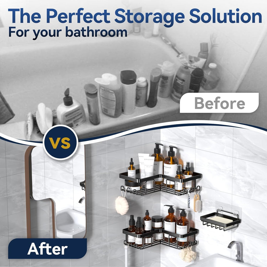 YASONIC Corner Shower Caddy - Rustproof Stainless Steel Bathroom Organizer with Soap Holder & 12 Hooks | Black, 3-Pack
