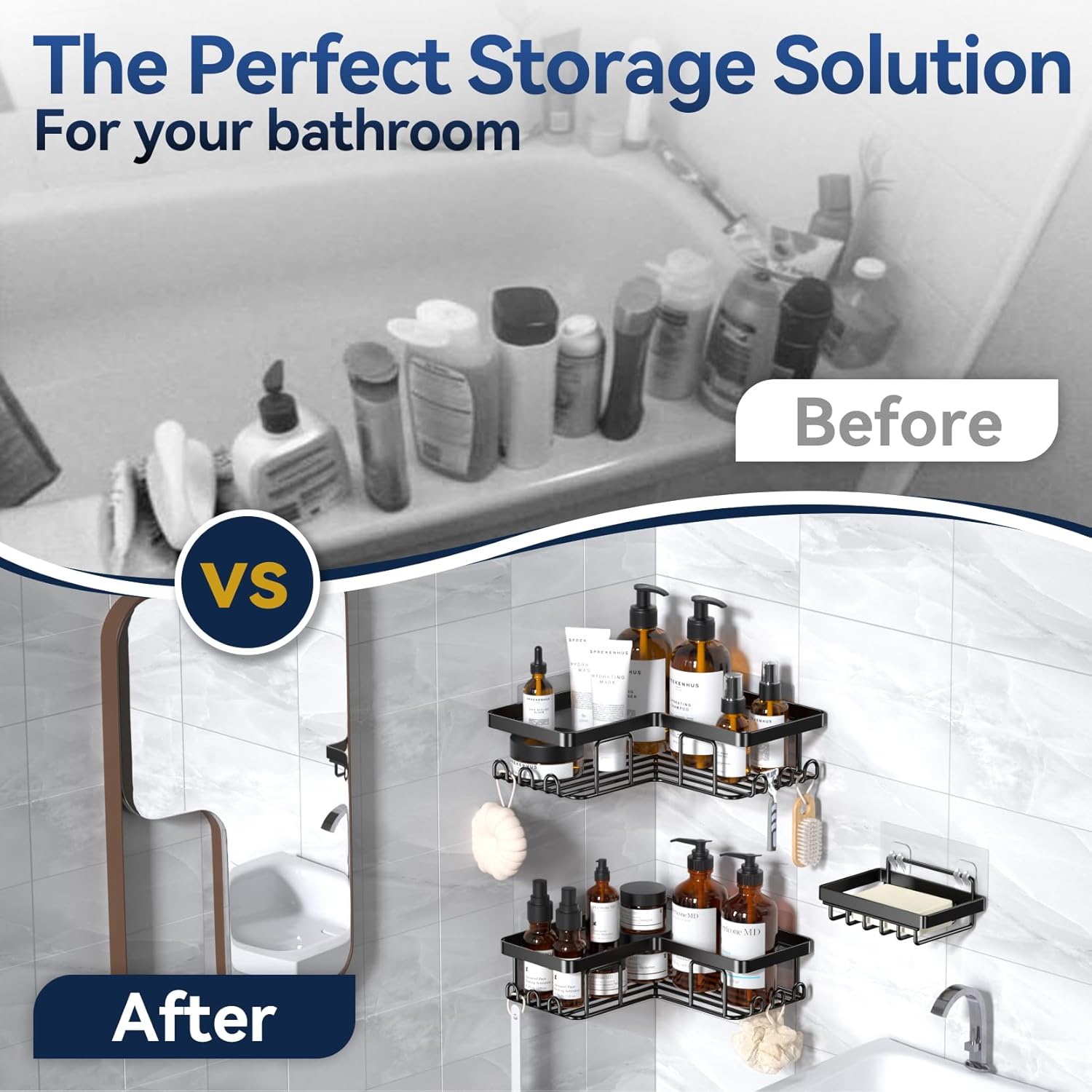 YASONIC Corner Shower Caddy - Rustproof Stainless Steel Bathroom Organizer with Soap Holder & 12 Hooks | Black, 3-Pack