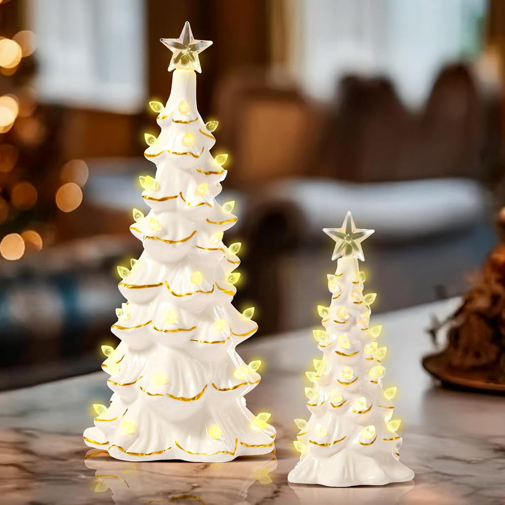 WDS WONDROUS Ceramic Christmas Tree Tabletop - Prelit White & Gold Accents | 2 Small Xmas Tree Figurines