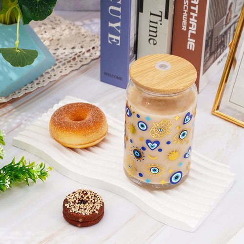 Whaline 2 Pack Evil Eyes Iced Coffee Cup Blue Evil Eye Hamsa Hand Drinking Glasses Astrological Beer Can Glass with Lid Straw Cleaning Brush for Home Office Women Gifts,16oz