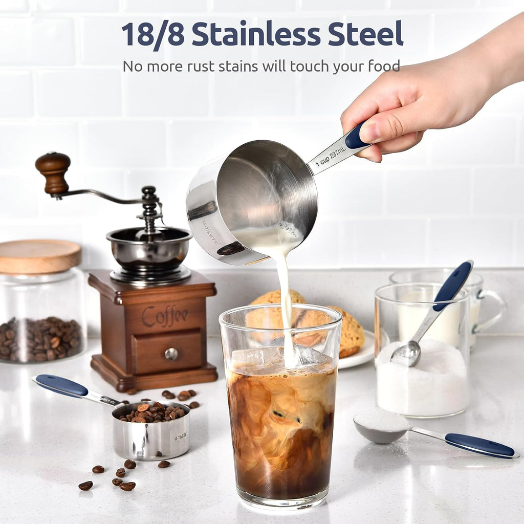 U-Taste Measuring Cups and Spoons Set - Food Grade 18/8 Stainless Steel | 10-Piece Set with Upgraded Handle (Midnight Blue)