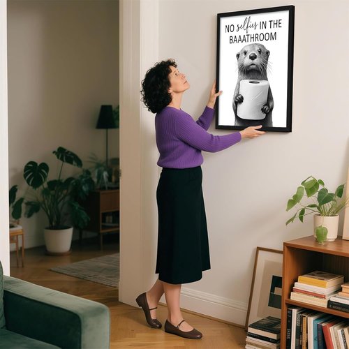 Funny Bathroom Wall Art by Framed | Cute Otter Holding Toilet Paper - Black & White Canvas - 12x16in