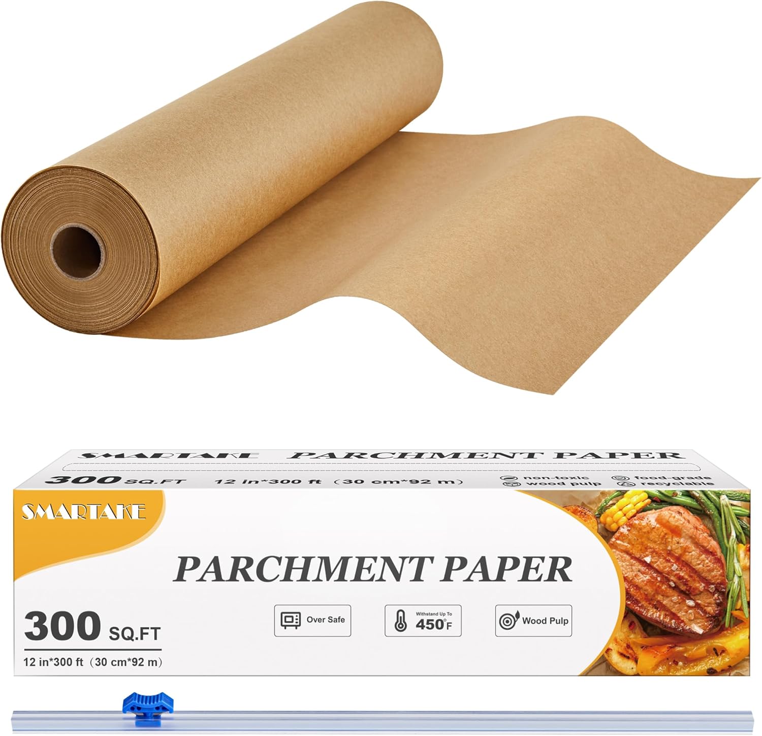 SMARTAKE Non-Stick Parchment Paper Roll - 12" x 300 ft | Heavy Duty Baking Sheets with Slide Cutter