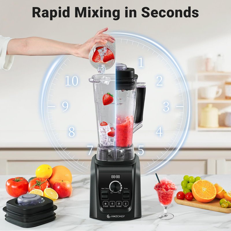 AMZCHEF Professional Blenders for Kitchen, 1800 W Smoothie Blender with Infinitely Variable Speed and 5 Functions, 68 oz Blender for Smoothies, Puree, Ice Crush, Ice Cream, Soup, Juice, Black