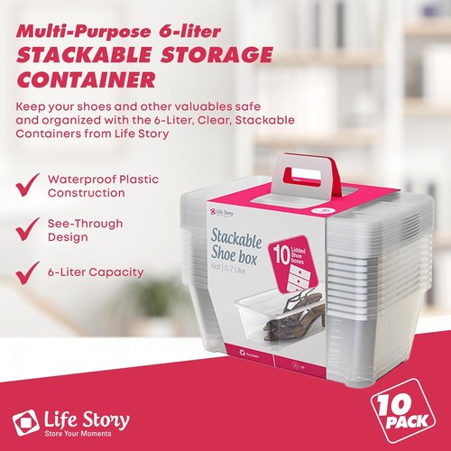 Life Story 10-Pack Plastic Storage Boxes - Stackable Shoe Organizer Totes, 6L Clear Bins with Lids for Home Organization