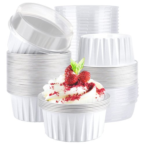 EUSOAR Cupcake Cups with Lids, 5oz 50pcs Disposable Desserts Flan, 3.34x2.59x2.35" Baking Cups with Lids, Aluminum Foil Desserts Cupcake Flan, Catering Gathering Shower Favor-White
