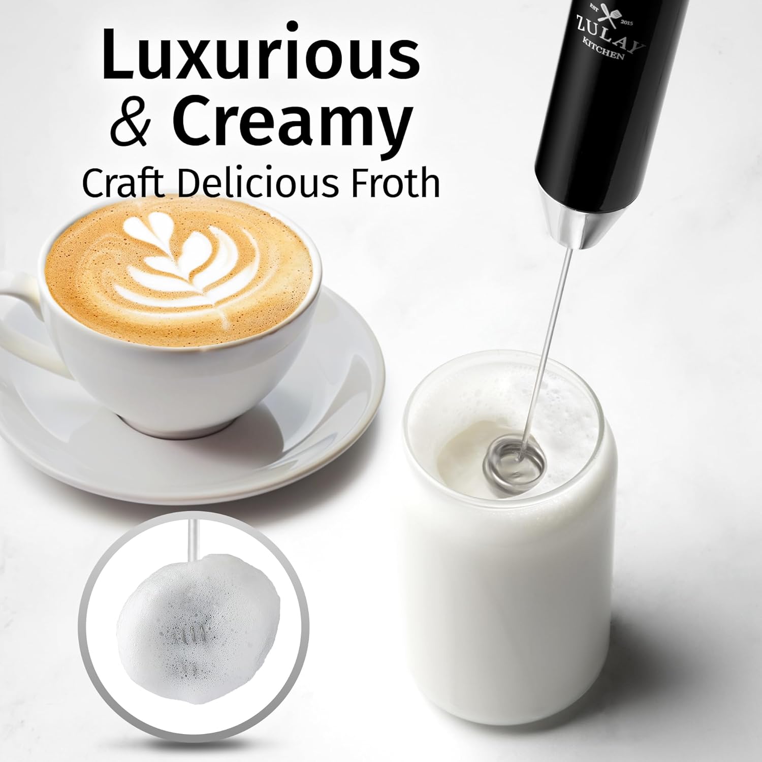 Zulay Kitchen Rechargeable Milk Frother - Powerful 2-Speed Motor, Waterproof, 2000mAh Battery | Perfect for Latte, Cappuccino & Matcha - Obsidian Black