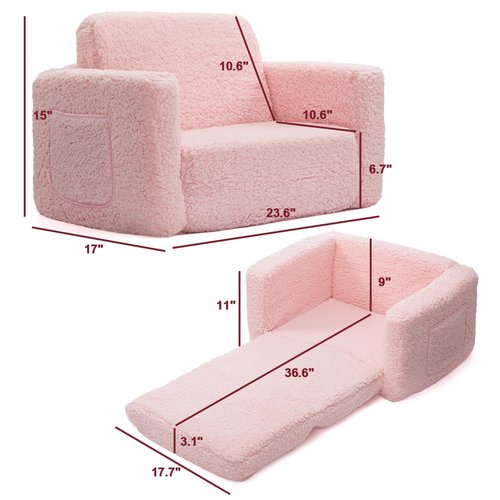 ALIMORDEN 2-in-1 Flip Out Cuddly Sherpa Toddler Couch Convertible Sofa to Lounger, Pink