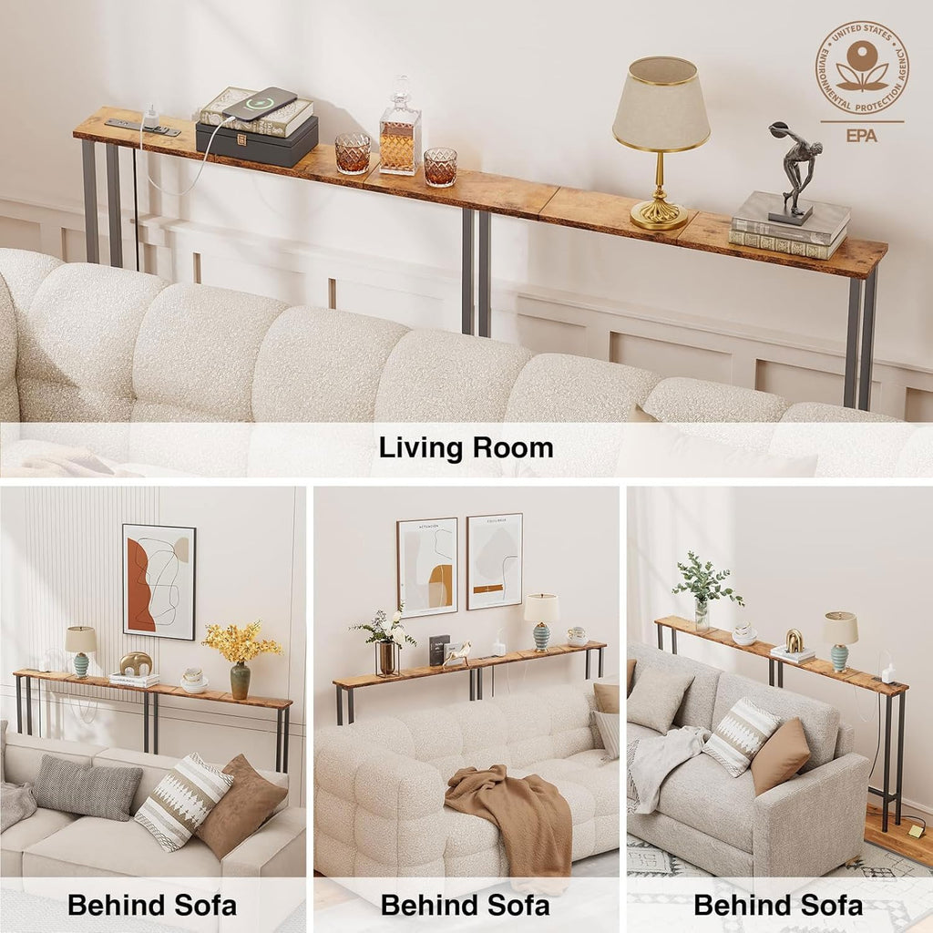 Keelian 78" Narrow Console Sofa Table with Power Outlets & 2 USB Ports, Metal Frame, Rustic Brown, Perfect for Hallway, Office, and Behind Sofa - Easy Assembly, 4.9' Extension Cord Included