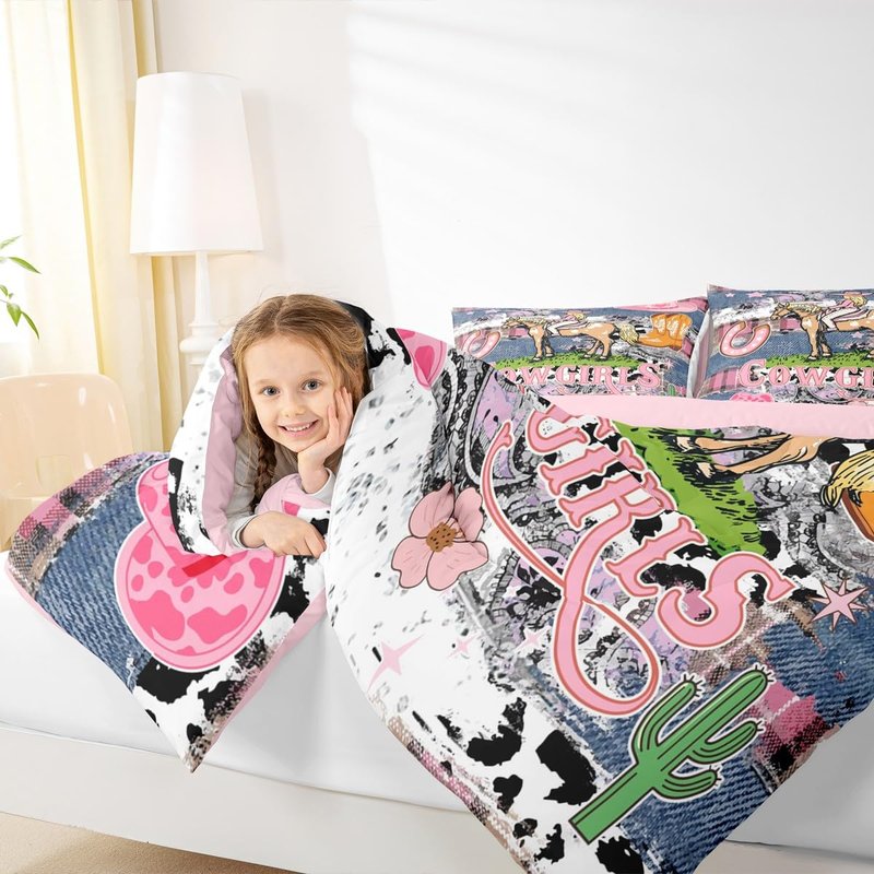 Western Cowgirls Bedding Set Twin Size,Kids Pink Leopard Checkered Comforter Set for Girls Woman Boys Room Decor American Southwest Rustic Quilt Set Pink Graffiti Duvet Insert,1 Pillowcase