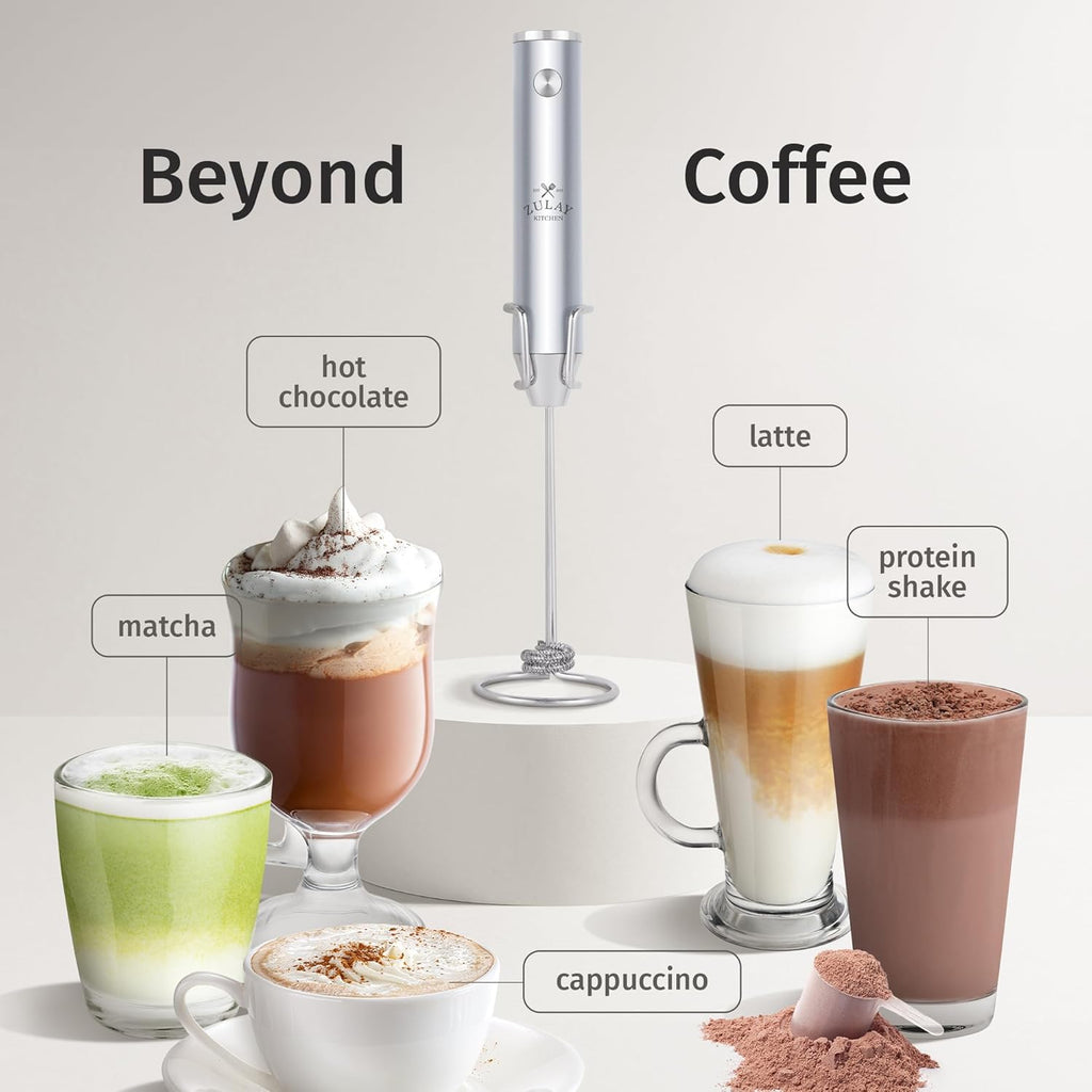Zulay Kitchen Rechargeable Milk Frother - Powerful 2-Speed Motor, Waterproof, 2000mAh Battery | Perfect for Lattes, Cappuccinos & Matcha - Pure Silver