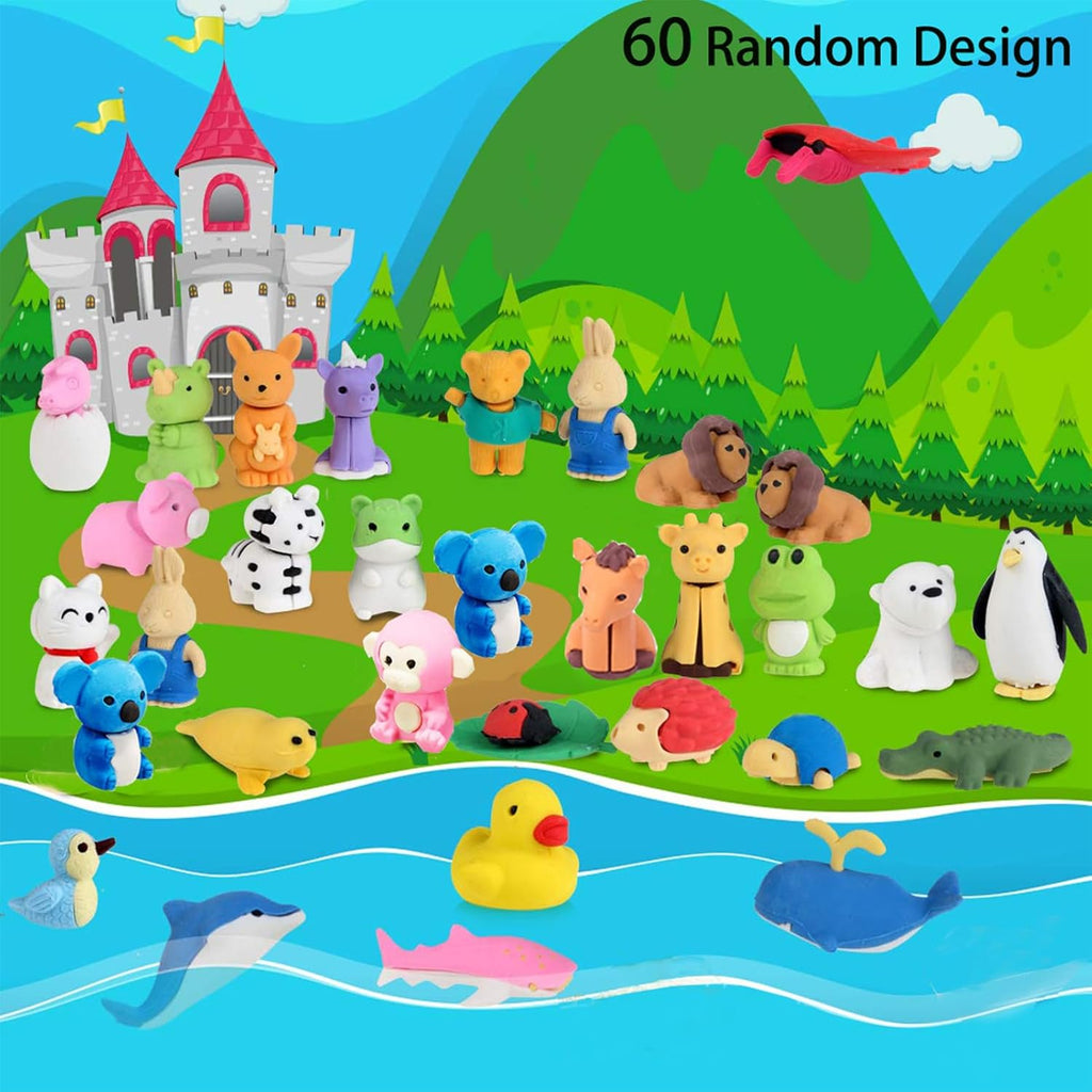 URSKYTOUS 60Pcs Animal Erasers - Fun Desk Pets for Kids | Ideal Classroom Prizes & Party Favors