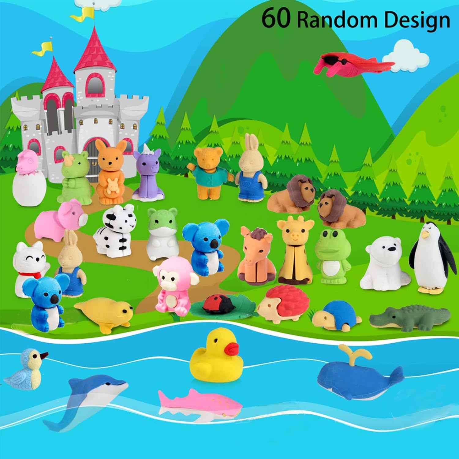 URSKYTOUS 60Pcs Animal Erasers - Fun Desk Pets for Kids | Ideal Classroom Prizes & Party Favors