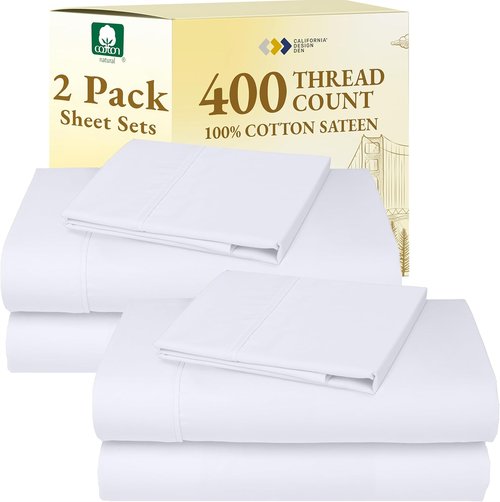 California Design Den Twin Cotton Sheets Set - 400 Thread Count Soft & Breathable - Bright White, Deep Pocket, 2-Pack