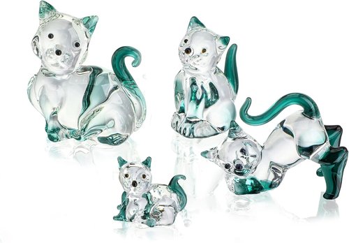HDCRYSTALGIFTS Blown Glass Cat Figurines - 4 Emerald Green Collectible Kittens for Home Decor