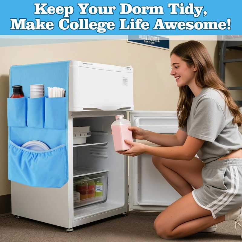 Extended Mini Fridge Caddy Organizer - 55" x 13" Back to School Dorm and Office Over the Fridge Storage Organizer with 12 Pockets for Flatware Drink Paper Goods, College Must Have, Black