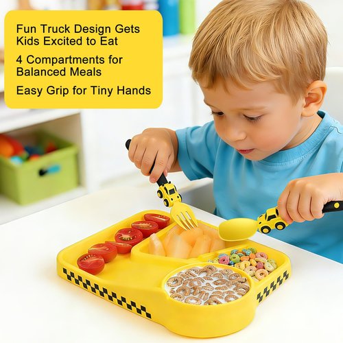 Deinyi Construction Toddler Plates - Construction Utensils for Toddlers - Easter and Birthday Gift Toddler Utensils for 1 2 3 4 5 6 7 year - Yellow