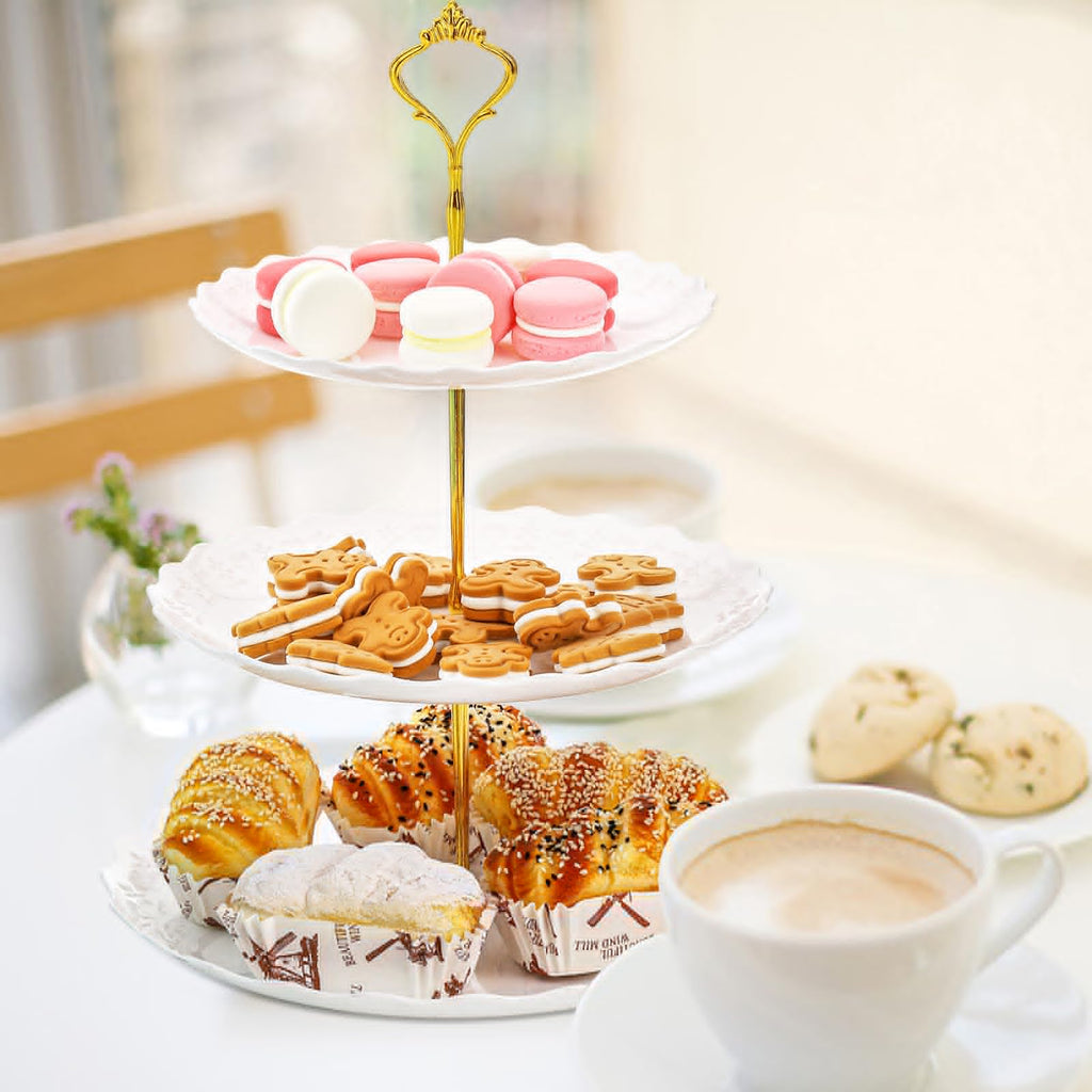 Tosnail 3 Pack 3 Tiers White Plastic Cupcake Stand Dessert Stand Tiered Serving Trays, Embossed Party Serving Trays Fruit Pastry Holders for Wedding and Party - Gold Crown Rod