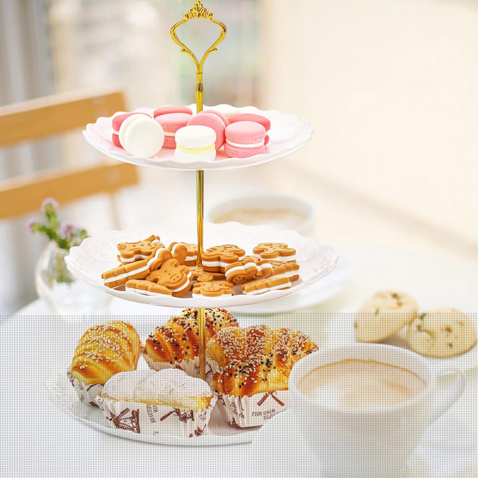Tosnail 3 Pack 3 Tiers White Plastic Cupcake Stand Dessert Stand Tiered Serving Trays, Embossed Party Serving Trays Fruit Pastry Holders for Wedding and Party - Gold Crown Rod