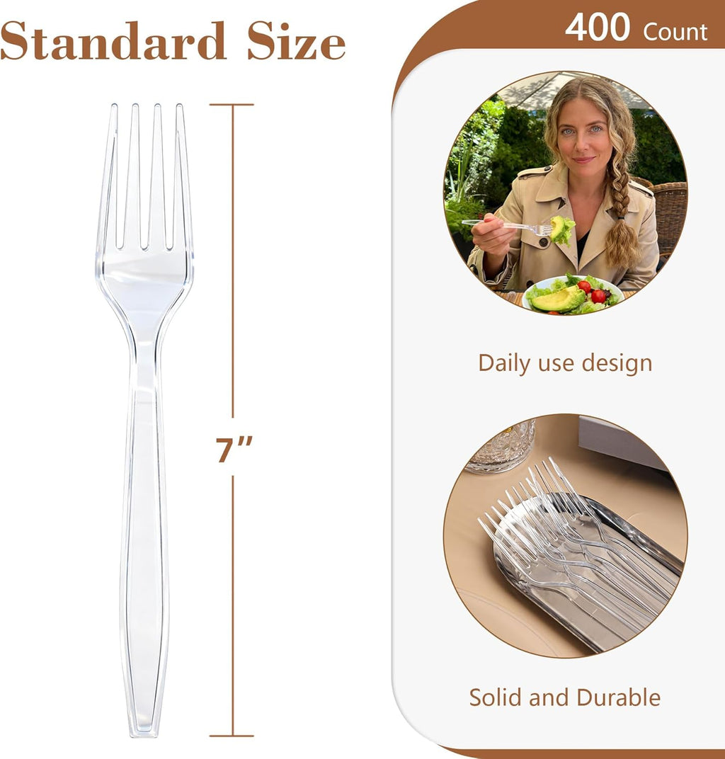 Skiennix Heavy Duty Clear Plastic Forks - 400 Count, BPA-Free & Heat Resistant for Parties