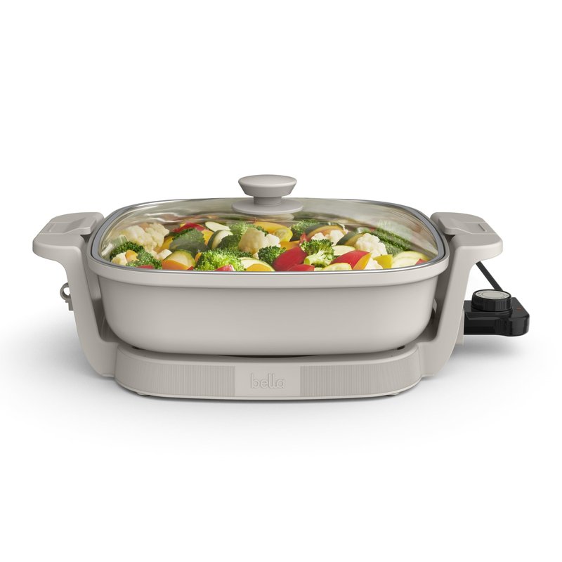 bella Make & Take Electric Skillet, Fits-anywhere™ kitchenware, EverGood™ Ceramic Coating, Adjustable Temperature & Dishwasher-Safe Tempered Glass Lid, Cast Aluminum Base, 1200 Watt, Oatmilk