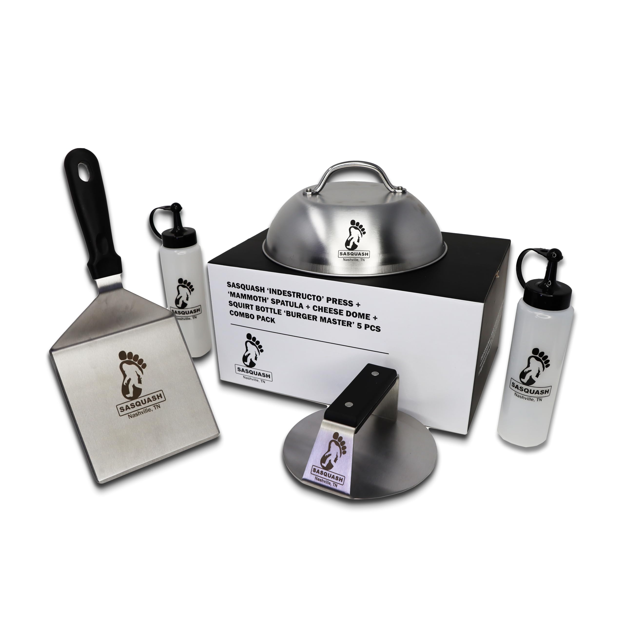 The Sasquash - 6" Heavy Duty Extra Wide Flat Handle Smashed Burger Press - Commercial Grade Welded Stainless Steel Burger Smasher (Indestructo Burger Press)