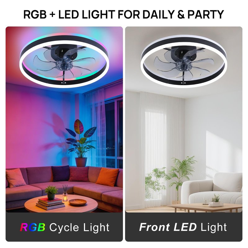 ORITHAM RGB Ceiling Fans with Lights, 16" Fandelier Low Profile Ceiling Fan with Light, Modern Flush Mount Ceiling Fan Light with Remote/APP Control, Bedroom Chandelier Fan Fixture for Indoor(Black)