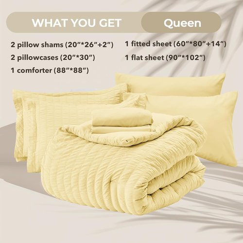 HYMOKEGE Queen Comforter Set - 7-Piece All-Season Luxury Bedding in Yellow | Includes Comforter, Sheets & Pillowcases