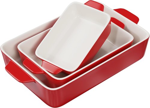 Kook Ceramic Bakeware Set - Rectangular Baking Dishes for Casseroles & Lasagna | Microwave & Dishwasher Safe, Set of 3 in Cherry
