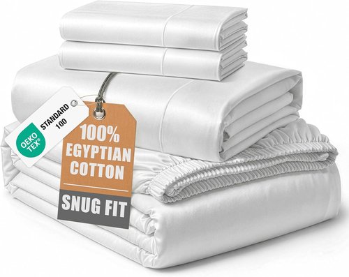 100% Egyptian Cotton King Size Sheets - Ultra-Soft & Breathable 4-Piece Set with Deep Pockets - White