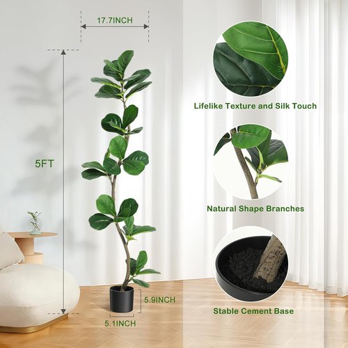 GarveeHome Artificial Fiddle Leaf Fig Tree - 5 Ft Realistic Fake Plant with Black Planter | Perfect Home or Office Decor