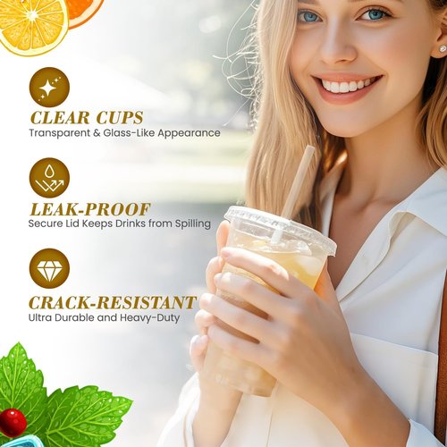 Ginkgo 20oz Clear Plastic Iced Coffee Cups - 100-Pack, Leak-Proof & Sturdy Disposable To-Go Cups for Smoothies & Beverages