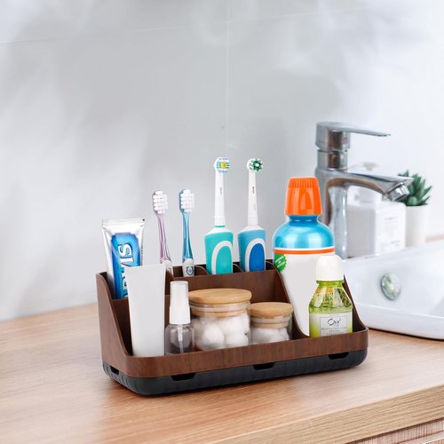 GFWARE Wood Toothbrush Holder - 7 Slot Detachable Bathroom Organizer | Brown Wooden Caddy for Kids