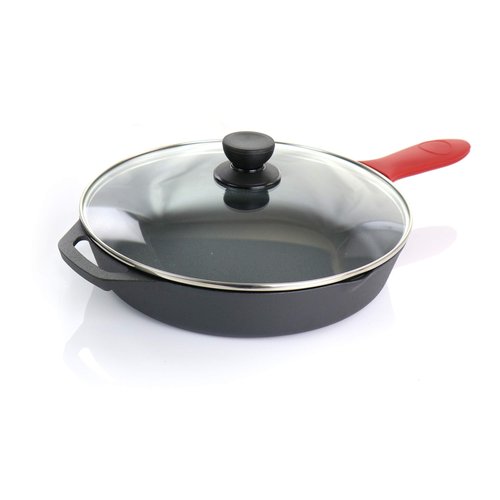 Megachef Skillets with Lids Pre-Seasoned Cast Iron Cookware Set, 9 Piece, Black, Red