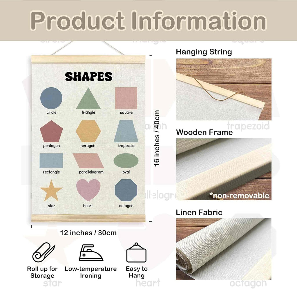 TLESKE Boho Classroom Shapes Chart Poster Hanger Frame, Homeschool Hanging Wall Art Decor for Toddlers Kids Room Nursery Playroom, Preschool Prek Learning Educational Poster Print Banner, 12x16