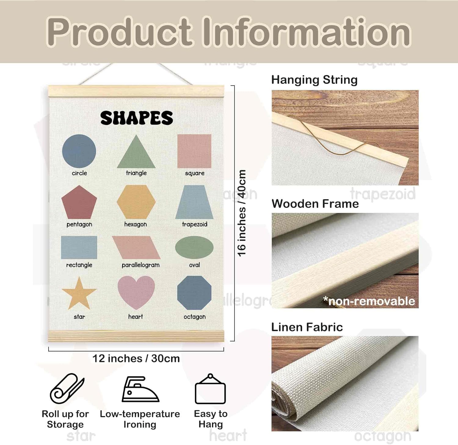 TLESKE Boho Classroom Shapes Chart Poster Hanger Frame, Homeschool Hanging Wall Art Decor for Toddlers Kids Room Nursery Playroom, Preschool Prek Learning Educational Poster Print Banner, 12x16