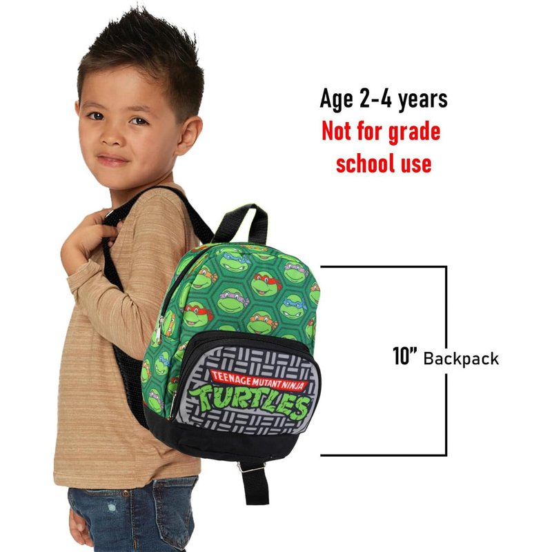 Teenage Mutant Ninja Turtles Mini Backpack - 10" Iconic Woven Small Backpack with Front Pocket and Bookmark Bundle | Adjusts to Fit Kids, Toddlers, Teens, Adults, Boys