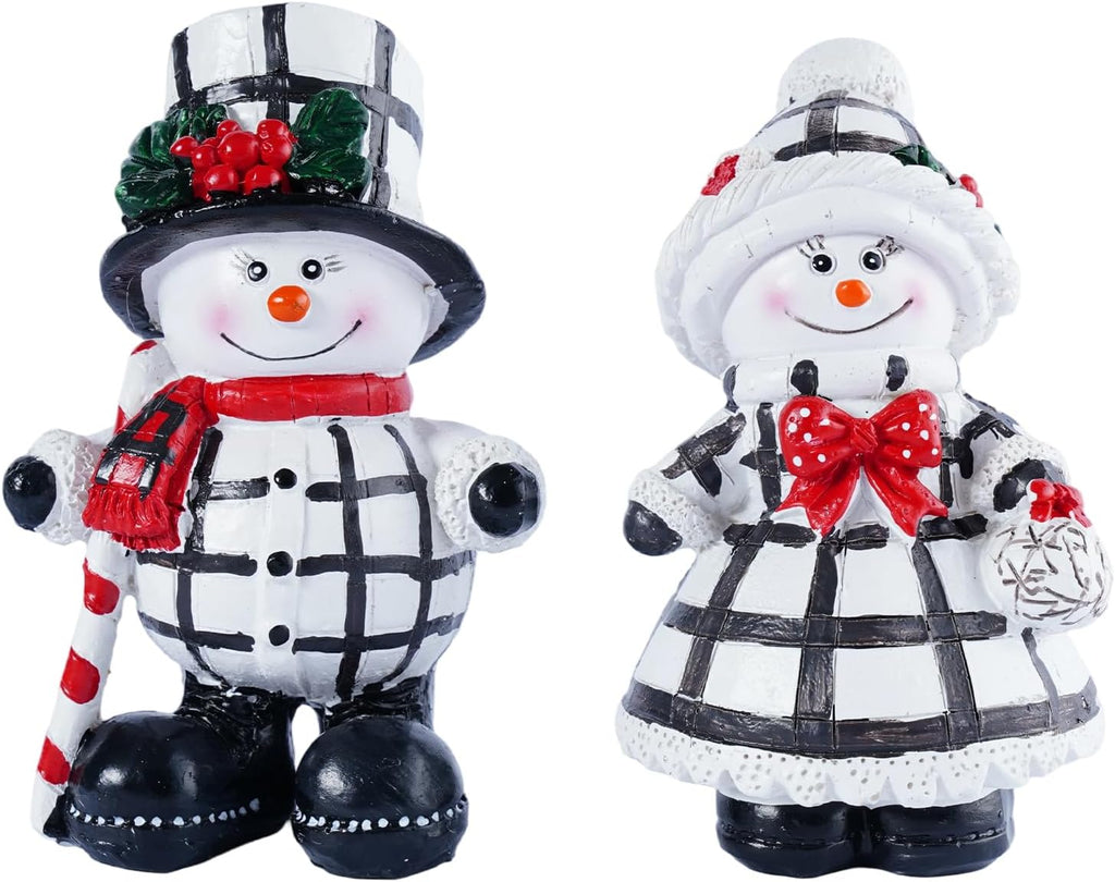 Snowman Figurines Set of 2 | Black and White Plaid Christmas Decorations for Home Decor