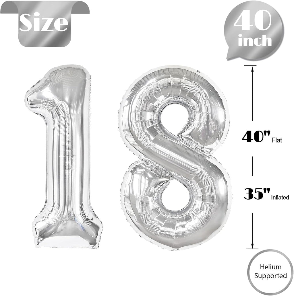 Silver Number 18 Balloon - 40 Inch Metallic 18th Birthday Decoration for Kids & Adults